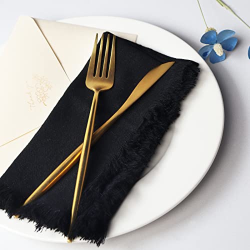 Dololoo Handmade Cloth Napkins with Fringe,18 x 18 Inches Cotton Linen Napkins Set of 4 Versatile Handmade Square Rustic Fringe Napkins for Dinner, Wedding and Parties, Black