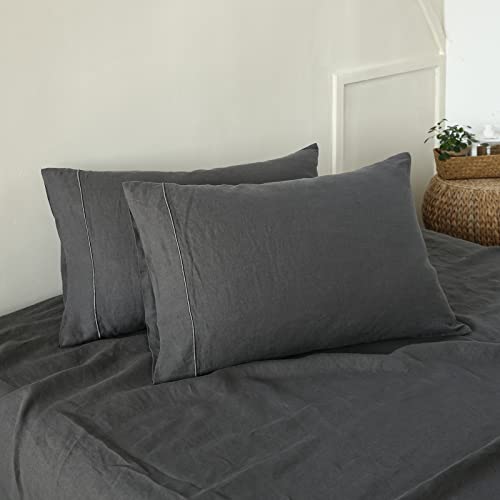 Simple&Opulence 100% French Linen Pillowcase Queen Size-Set of 2- Washed Solid Color Pillow Cases Embroidered -Soft and Durable (Dark Grey, 20''x30'')
