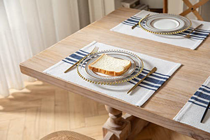 Placemats Set of 6 for Dining Table, Woven Cloth Place Mats for Kitchen Tabletop Décor, Handcrafted Machine Washable Cotton Table mats 13 x 19 Inch, Navy Blue and Beige