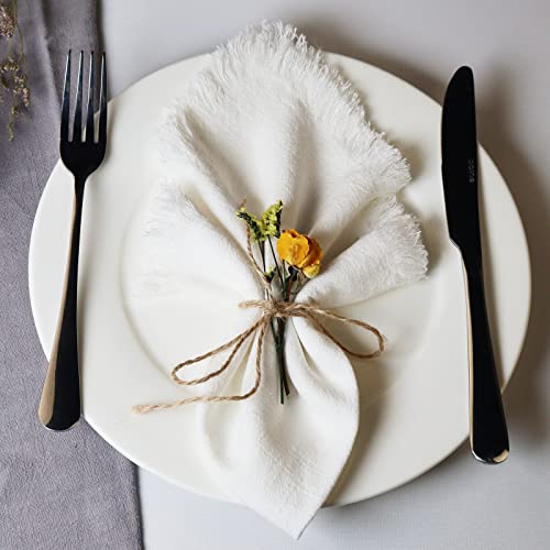 Dololoo Handmade Cloth Napkins with Fringe,18 x 18 Inches Cotton Linen Napkins Set of 4 Versatile Handmade Square Rustic Fringe Napkins for Dinner, Wedding and Parties, White