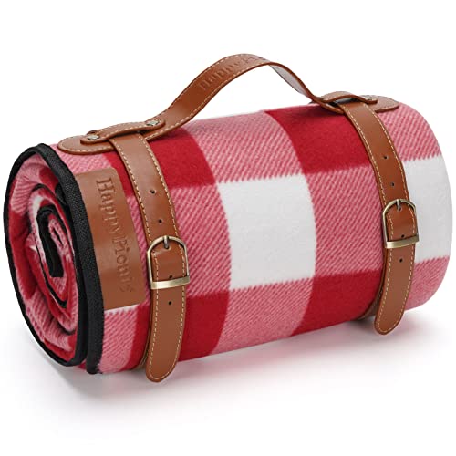 Large Red Check Picnic Blanket, 79" x 59" Thick Soft Fleece with Carrier
