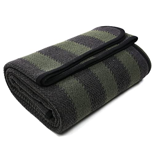 PuTian Merino Wool Blanket - 87" x 63" Thick Warm Soft Large Bed Throw - Great for Camping, Outdoors, Travel, Car, Couch, All Weather Green Stripe