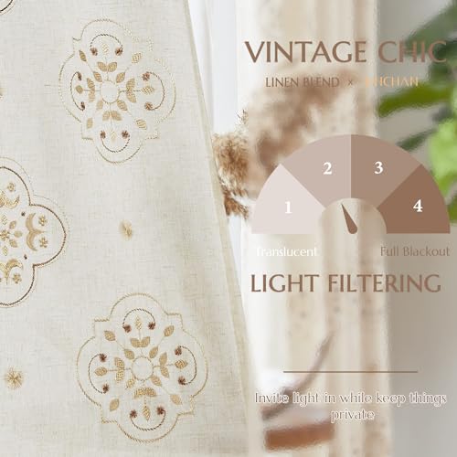 JINCHAN Linen Curtains 84 Inch Long Embroidery Floral Country Farmhouse Curtains for Living Room Rustic Rod Pocket Back Tab Light Filtering Window Curtains Drapes Taupe Bedroom Curtains, 2 Panels 55"W