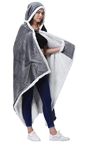 Grey Fleece Hooded Wearable Poncho Blanket with Pockets