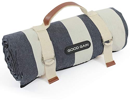 Denim Broad Stripe Waterproof Portable Picnic Blanket with Carry Strap