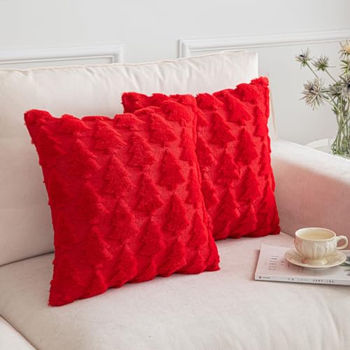 SHITURRE Christmas Tree Decorative Throw Pillow Covers Set of 2 Packs, Soft Fluffy Pillowcases for Home Décor, Boho Pillow Covers for Couch Bedroom(Red-Tree, 18"x18")