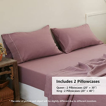 Simple&Opulence 100% French Linen Pillowcase Queen Size-Set of 2- Washed Solid Color Pillow Cases Embroidered -Soft and Durable (Purple, 20''x30'')
