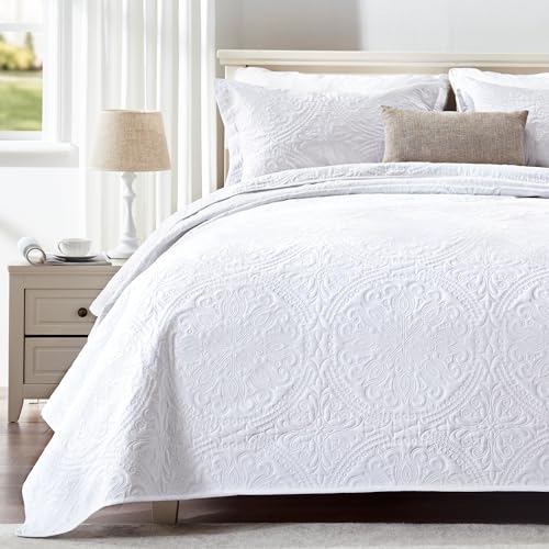 EXQ Home Quilt Set Full Queen Size White 3 Piece,Lightweight Soft Coverlet Flower Pattern Bedspread Set for All Seasons(1 Quilt,2 Pillow Shams)