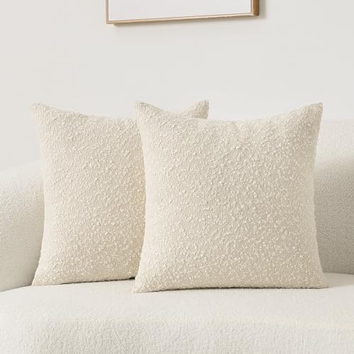 HOMFINER Set of 2 Textured Boucle Throw Pillow Covers Cream Beige Modern Farmhouse Boho Accent Decorative Square Pillow Cases Neutral Home Decor for Couch Cushion Bed Living Room 18x18 inch