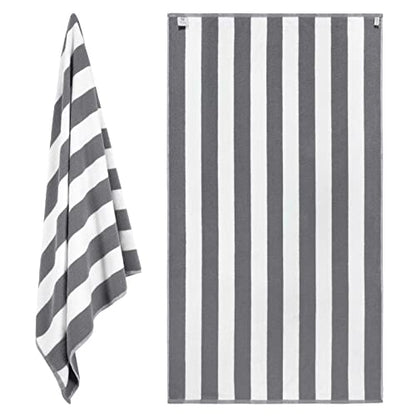 XL Cabana Stripe Cotton Beach Towel Large - Grey - Luxury Plush Thick Hotel Swim Pool Towels - 2 Pack