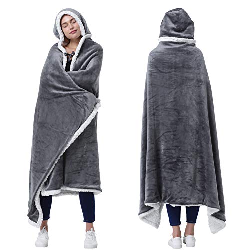 Grey Fleece Hooded Wearable Poncho Blanket with Pockets