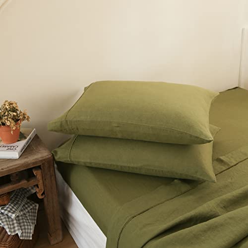Simple&Opulence 100% French Linen Pillowcase Queen Size-Set of 2- Washed Solid Color Pillow Cases Embroidered -Soft and Durable (Olive Green, 20''x30'')