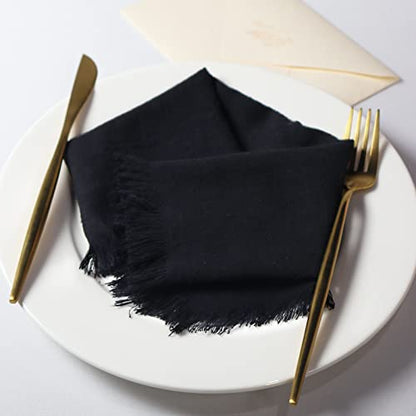 Dololoo Handmade Cloth Napkins with Fringe,18 x 18 Inches Cotton Linen Napkins Set of 4 Versatile Handmade Square Rustic Fringe Napkins for Dinner, Wedding and Parties, Black