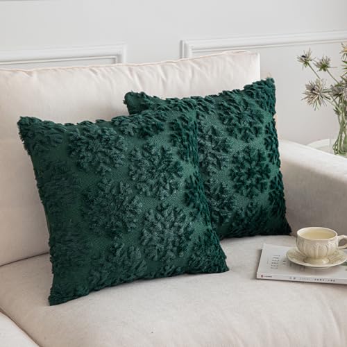 SHITURRE Christmas Snowflake Decorative Throw Pillow Covers Set of 2 Packs, Soft Fluffy Pillowcases for Home Décor, Boho Pillow Covers for Couch Bedroom(Green-Snowflake, 18"x18")