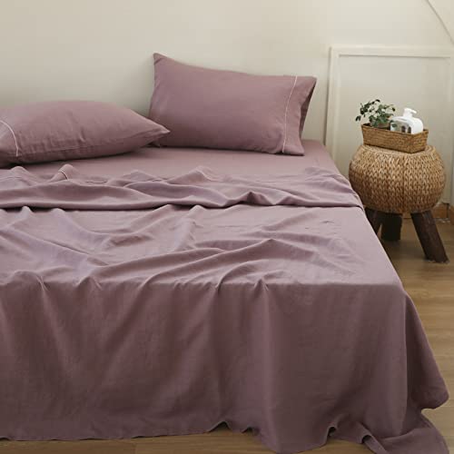 Simple&Opulence 100% French Linen Pillowcase Queen Size-Set of 2- Washed Solid Color Pillow Cases Embroidered -Soft and Durable (Purple, 20''x30'')