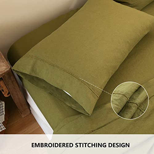 Simple&Opulence 100% French Linen Pillowcase Queen Size-Set of 2- Washed Solid Color Pillow Cases Embroidered -Soft and Durable (Olive Green, 20''x30'')