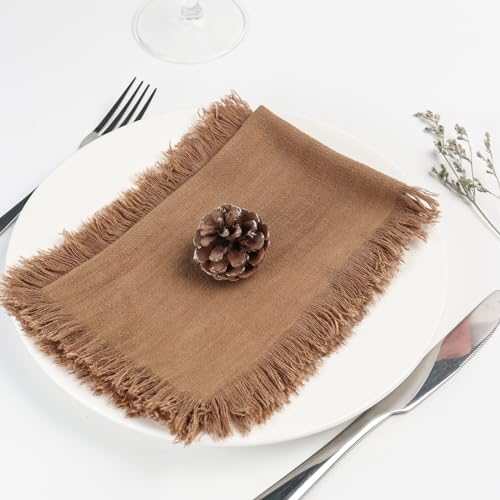 Dololoo Handmade Cloth Napkins with Fringe,18 x 18 Inches Cotton Linen Napkins Set of 4 Versatile Handmade Square Rustic Fringe Napkins for Dinner, Wedding and Parties, Taupe