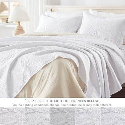 EXQ Home Quilt Set Full Queen Size White 3 Piece,Lightweight Soft Coverlet Flower Pattern Bedspread Set for All Seasons(1 Quilt,2 Pillow Shams)