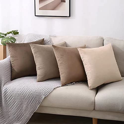 Neutral Pillow Covers 18x18 Inch Set of 4, Soft Velvet Pillow Covers Cushion Cases , Solid Throw Pillows, Luxurious Decorative Square Couch Pillow Covers for Living Room Bed Decoration, Beige/Brown