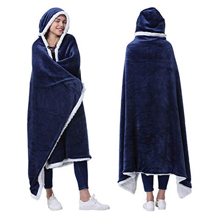 Navy Fleece Hooded Wearable Poncho Blanket with Pockets