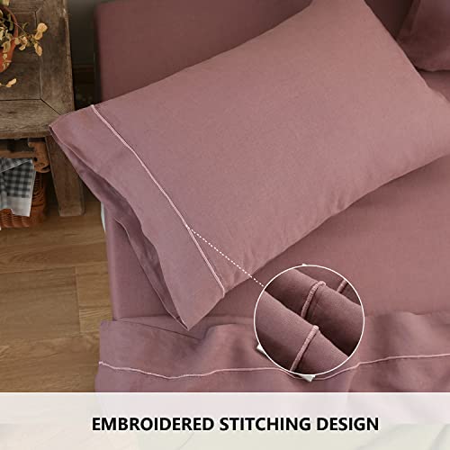 Simple&Opulence 100% French Linen Pillowcase Queen Size-Set of 2- Washed Solid Color Pillow Cases Embroidered -Soft and Durable (Purple, 20''x30'')
