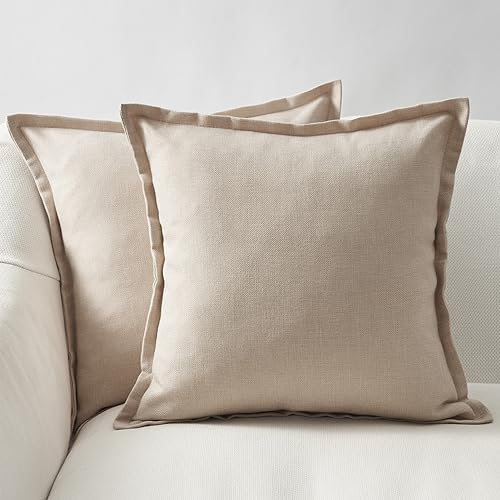 Topfinel Beige Decorative Couch Pillow Cover 18x18 Inch Set of 2,Farmhouse Linen Edges Trimmed Accent Throw Pillow Covers,Solid Color Square Rustic Outdoor Cushion Cases for Couch Living Room Car