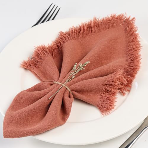 Dololoo Handmade Cloth Napkins with Fringe,18 x 18 Inches Cotton Linen Napkins Set of 4 Versatile Handmade Square Rustic Fringe Napkins for Dinner, Wedding and Parties, Rose
