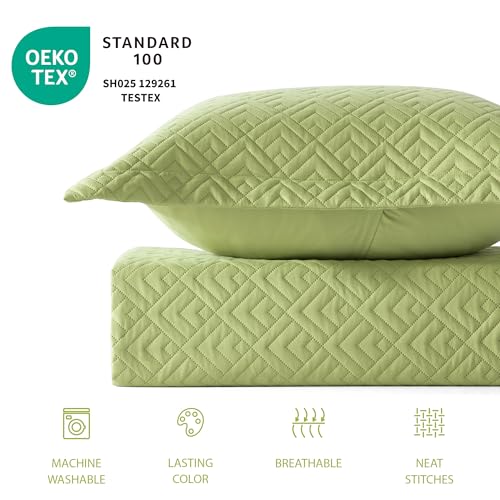 EXQ Home Quilt Set Full Queen Size Apple Green 3 Piece,Lightweight Soft Coverlet Modern Style Squares Pattern Bedspread Set(1 Quilt,2 Pillow Shams)