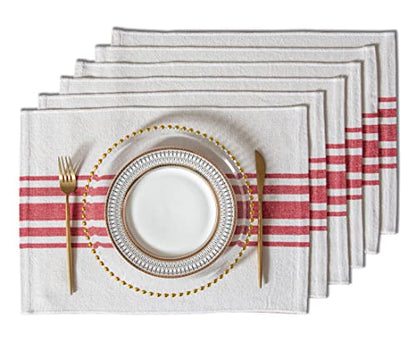 Placemats Set of 6 for Dining Table Décor, Handcrafted Machine Washable Cotton Table mats 13 x 19 Inch, red