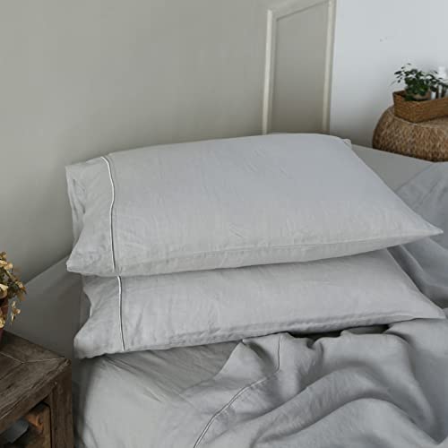 Simple&Opulence 100% French Linen Pillowcase Queen Size-Set of 2- Washed Solid Color Pillow Cases Embroidered -Soft and Durable (Grey, 20''x30'')