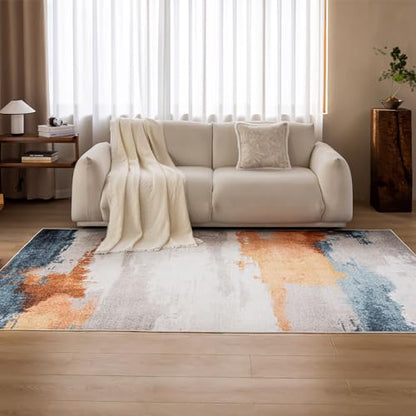 OMERAI Machine Washable Rug 5x7 Modern Abstract Area Rugs with Low-Pile Non-Shedding Foldable Area Rugs for Living Room, Stain Resistant Area Rugs for Bedroom Dining Room Rug Washable Orange Gold