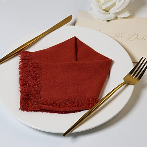 Dololoo Handmade Cloth Napkins with Fringe,18 x 18 Inches Cotton Linen Napkins Set of 4 Versatile Handmade Square Rustic Fringe Napkins for Dinner, Wedding and Parties, Terracotta