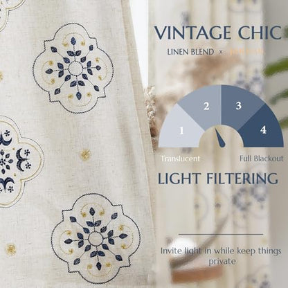 JINCHAN Linen Curtains 84 Inch Long Embroidery Floral Country Farmhouse Curtains for Living Room Rustic Rod Pocket Back Tab Light Filtering Window Curtains Drapes Blue Bedroom Curtains, 2 Panels 55"W