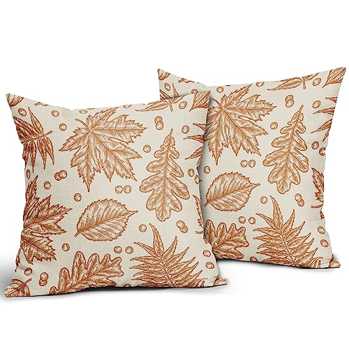 Aytipun Fall Pillow Covers 18x18 Set of 2 Burnt Orange Maple Leaf Autumn Themed Harvest Decorative Throw Pillows Outdoor Farmhouse Linen Cushion Case