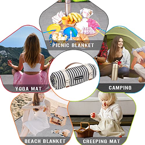 Navy Blue Striped Waterproof Portable Picnic Blanket with Carry Strap