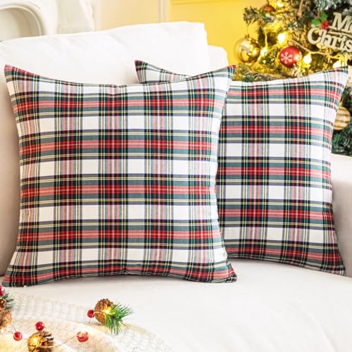 AQOTHES Pack of 2 Christmas Plaid Decorative Throw Pillow Covers Scottish Tartan Cushion Case for Farmhouse Home Holiday Decor Red and White, 18 x 18 Inches