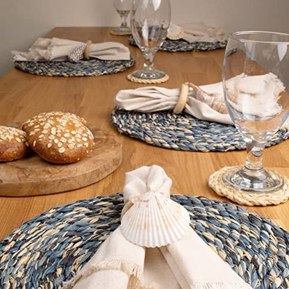 KAZI Essentials Boho Round Woven Placemats – Set of 6, Natural Wicker Twisted Raffia Placemats, Straw Braided Heat Resistant Non-Slip Weave, Eco-Friendly Handmade by African Artisans (13" Round, Blue)