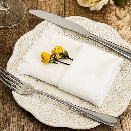 Dololoo Handmade Cloth Napkins with Fringe,18 x 18 Inches Cotton Linen Napkins Set of 4 Versatile Handmade Square Rustic Fringe Napkins for Dinner, Wedding and Parties, White