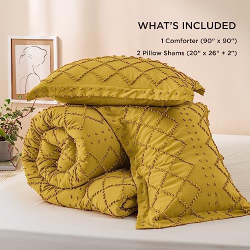 Bedsure Queen Comforter Set - Mustard Yellow Comforter, Boho Tufted Shabby Chic Bedding Comforter Set, 3 Pieces Vintage Farmhouse Bed Set for All Seasons, Fluffy Bedding Set with 2 Pillow Shams