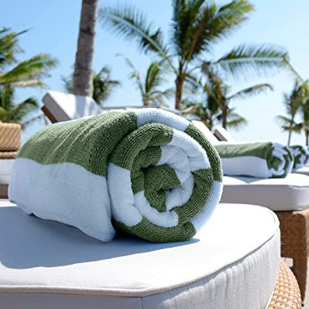 XL Cabana Stripe Cotton Beach Towel - Khaki Green - Luxury Plush Thick Hotel Swim Pool Towels - 2 Pack