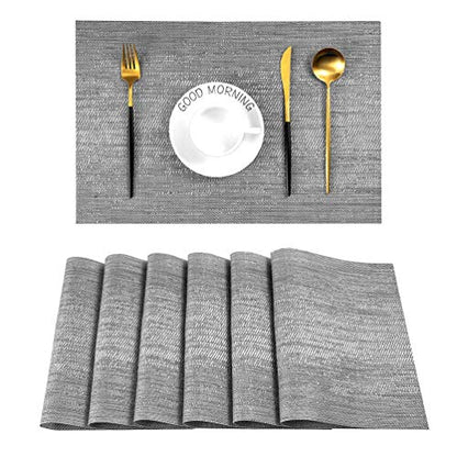 Leetaltree Grey Placemats, Heat Resistant Non-Slip Place mats for Dining Table, Washable Durable PVC Vinyl Woven Table Mats (Set of 6)