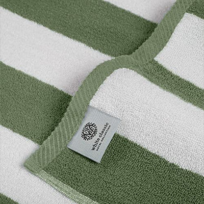 XL Cabana Stripe Cotton Beach Towel - Khaki Green - Luxury Plush Thick Hotel Swim Pool Towels - 2 Pack