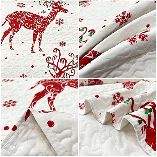 Christmas Quilt Set Queen Size White Red Xmas Tree Snowflake Reindeer Quilted Bedspread Coverlet Set 3 Piece Christmas Bedding Set Reversible Lightweight Comforter Bed Cover Blanket with 2 Pillowcases
