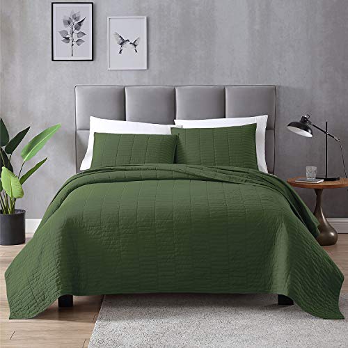 EXQ Home Quilt Set Full/Queen Size Olive Green 3 Piece,Lightweight Soft Coverlet Modern Style Stitched Quilt Pattern Bedspread Set(1 Quilt,2 Pillow Shams)