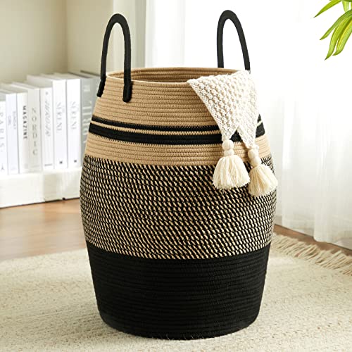 105L Extra Large Laundry Hamper Basket by Fiona's magic, Woven Tall Clothes Hamper for Storage Blanket, Toys and Dirty Cothes in Bedroom and Living Room Organizer, Brown & Black