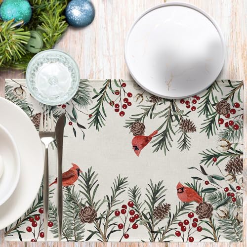 Seliem Winter Cardinal Birds Placemats Set of 4, Red Berries Branch Pine Cone Cotton Vintage Dining Table Place Mats, Seasonal Christmas Holiday Kitchen Decor Home Decoration 12 x 18 Inch