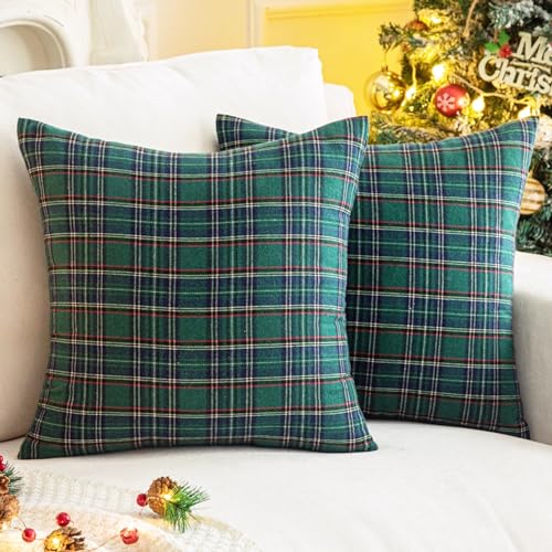 AQOTHES Pack of 2 Christmas Plaid Decorative Throw Pillow Covers Scottish Tartan Cushion Case for Farmhouse Home Holiday Decor Green and Blue, 18 x 18 Inches