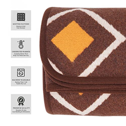 PuTian Merino Wool Blanket - Warm Thick Washable 87" x 63" Large Throw for Outdoors Camping Couch Bed Trave, Brown Check