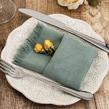 Dololoo Handmade Cloth Napkins with Fringe,18 x 18 Inches Cotton Linen Napkins Set of 4 Versatile Handmade Square Rustic Fringe Napkins for Dinner, Wedding and Parties, Sage Green