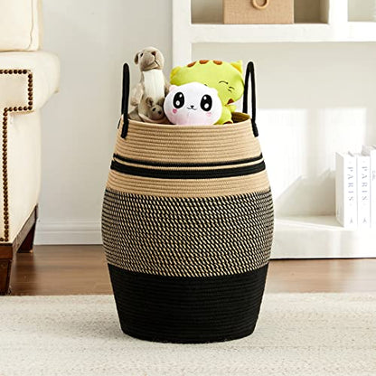 105L Extra Large Laundry Hamper Basket by Fiona's magic, Woven Tall Clothes Hamper for Storage Blanket, Toys and Dirty Cothes in Bedroom and Living Room Organizer, Brown & Black